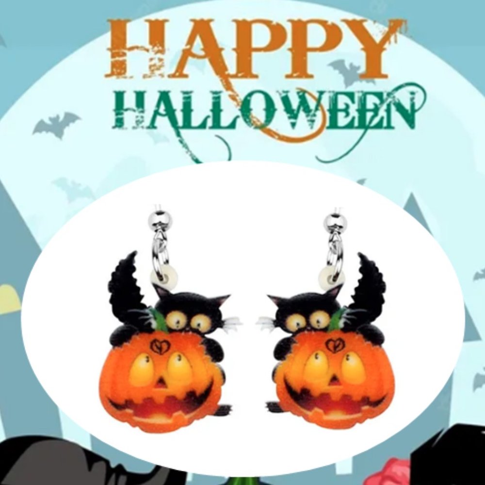 🍏50% OFF/3+...🎃👻Cute Little Black Cat on Jack-o'-lantern Halloween Earrings